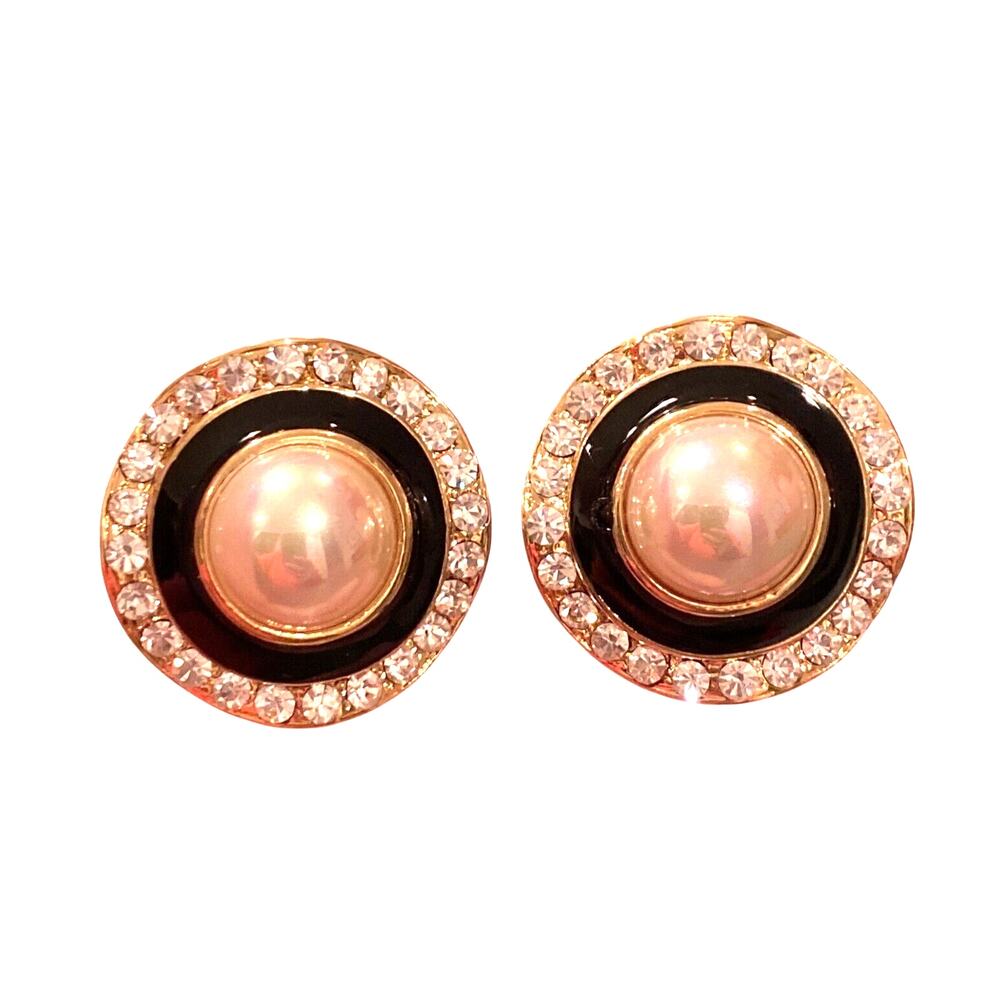 Chunky 1980's clip on earrings goldtone & black enamel rhinestones & faux pearl
